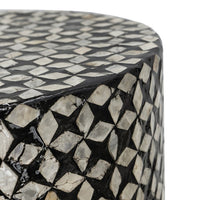 20 Inch Capiz Accent Stool Table, Cylindrical Geometric, Silver, Black - BM286115