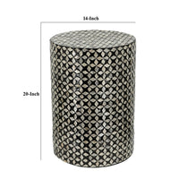 20 Inch Capiz Accent Stool Table, Cylindrical Geometric, Silver, Black - BM286115