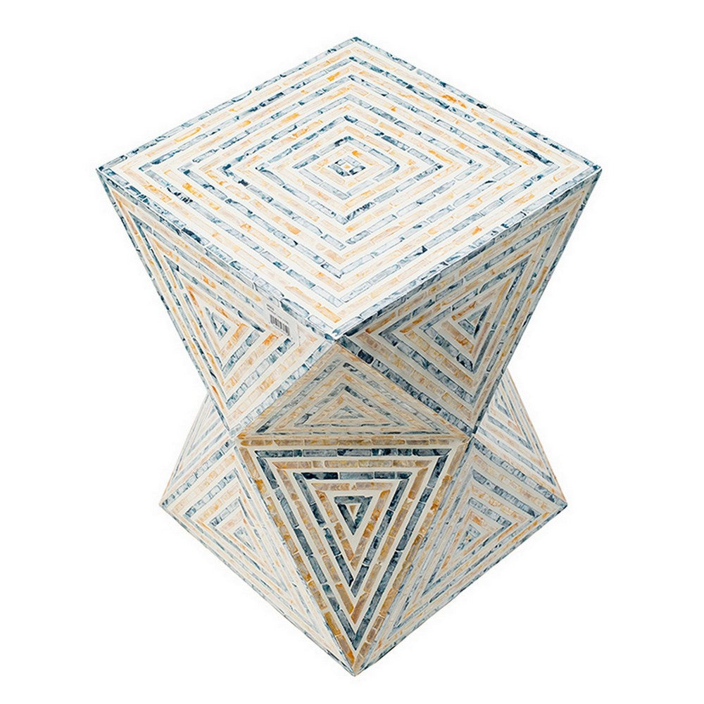 20 Inch Capiz Accent Stool Table, Hourglass Triangular, Off White Ivory - BM286116