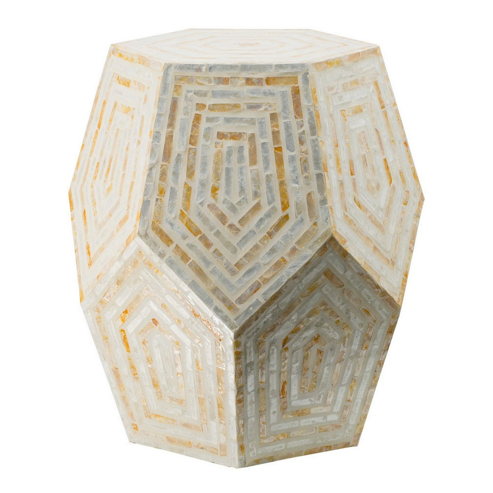 21 Inch Capiz Accent Stool Table, Hexagonal Drum, Angled Look, Beige White - BM286117