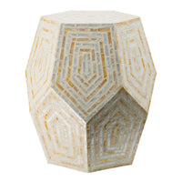 21 Inch Capiz Accent Stool Table, Hexagonal Drum, Angled Look, Beige White - BM286117