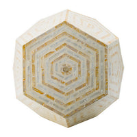 21 Inch Capiz Accent Stool Table, Hexagonal Drum, Angled Look, Beige White - BM286117