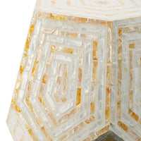 21 Inch Capiz Accent Stool Table, Hexagonal Drum, Angled Look, Beige White - BM286117