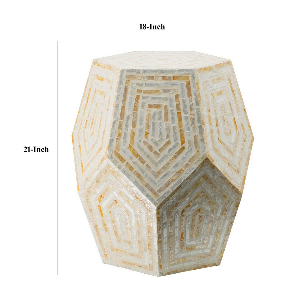 21 Inch Capiz Accent Stool Table, Hexagonal Drum, Angled Look, Beige White - BM286117