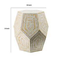 21 Inch Capiz Accent Stool Table, Hexagonal Drum, Angled Look, Beige White - BM286117
