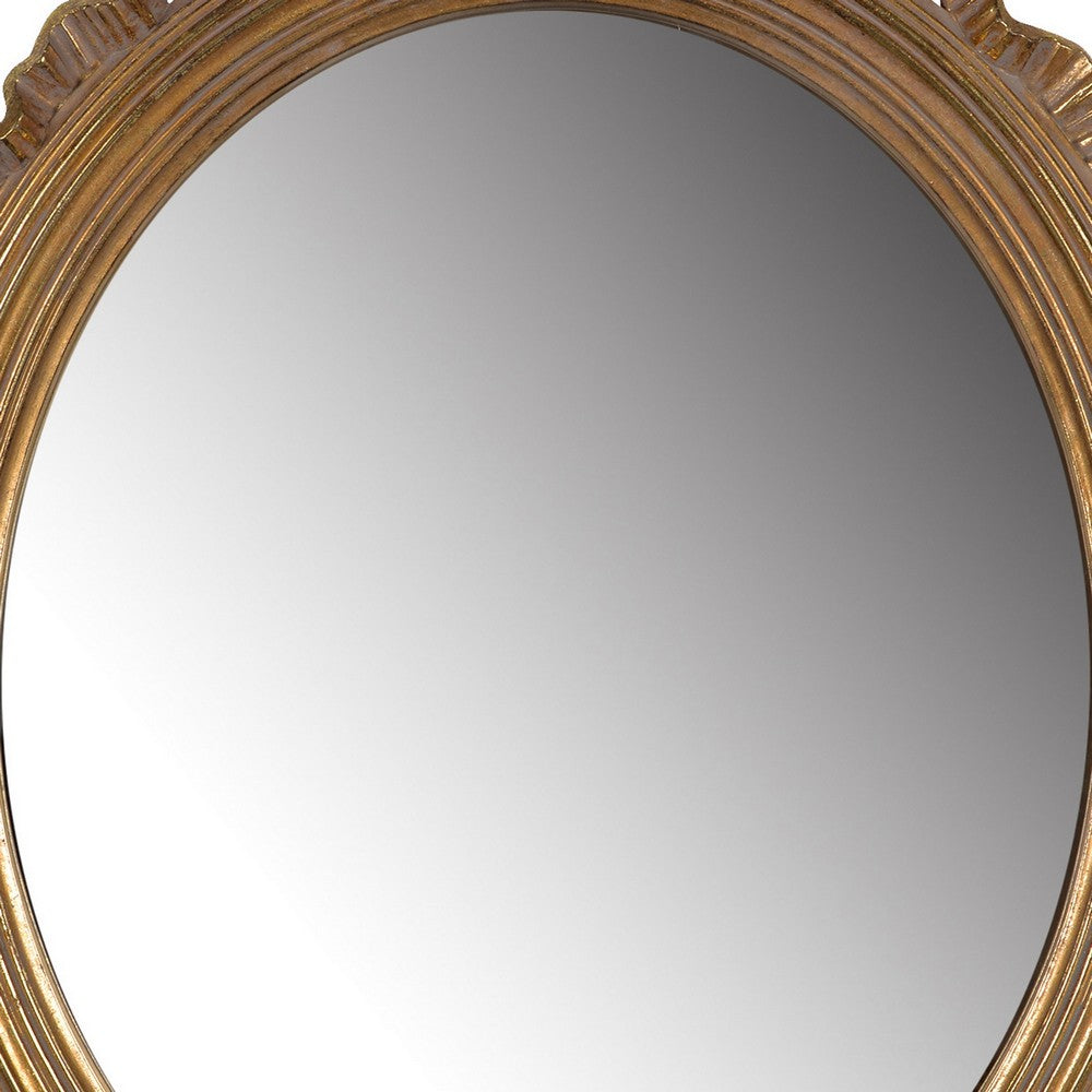 26 Inch Wall Accent Mirror with Ornate Polyresin Floral Crest, Antique Gold - BM286122