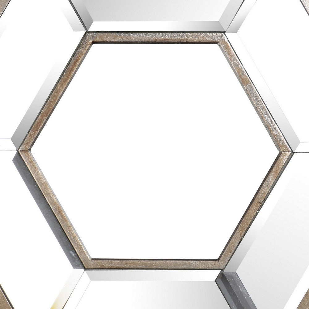 Toby 12 x 14 Inch Wall Mount Accent Mirror, Dual Hexagon Wood Frame, Brown - BM286123