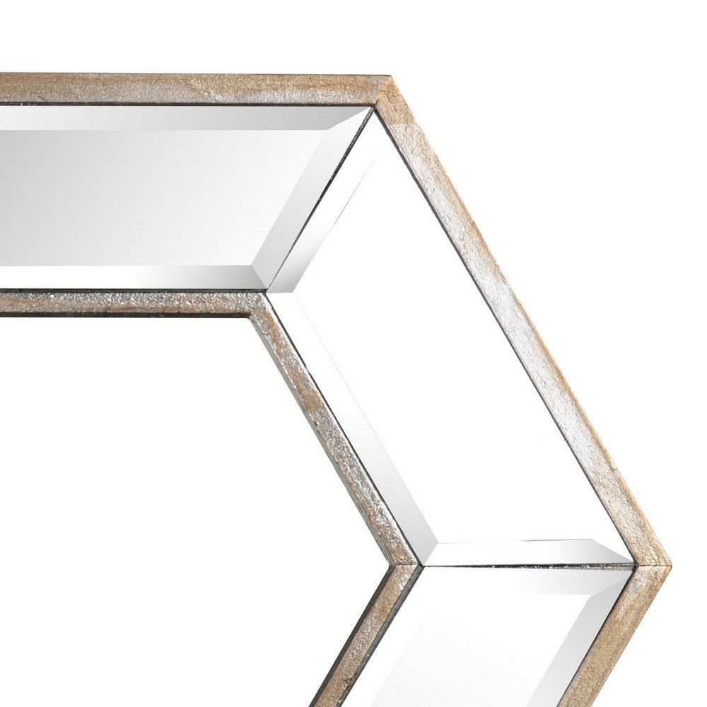 Toby 12 x 14 Inch Wall Mount Accent Mirror, Dual Hexagon Wood Frame, Brown - BM286123