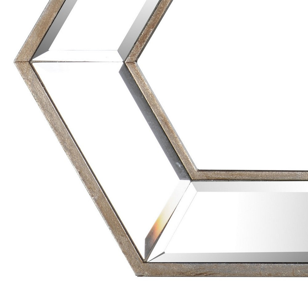 Toby 12 x 14 Inch Wall Mount Accent Mirror, Dual Hexagon Wood Frame, Brown - BM286123