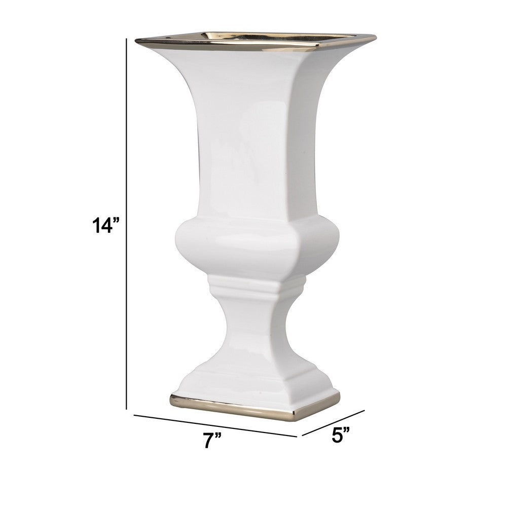 14 Inch Decorative Ceramic Vase, Artistic Turned Urn, White and Gold Rim - BM286151