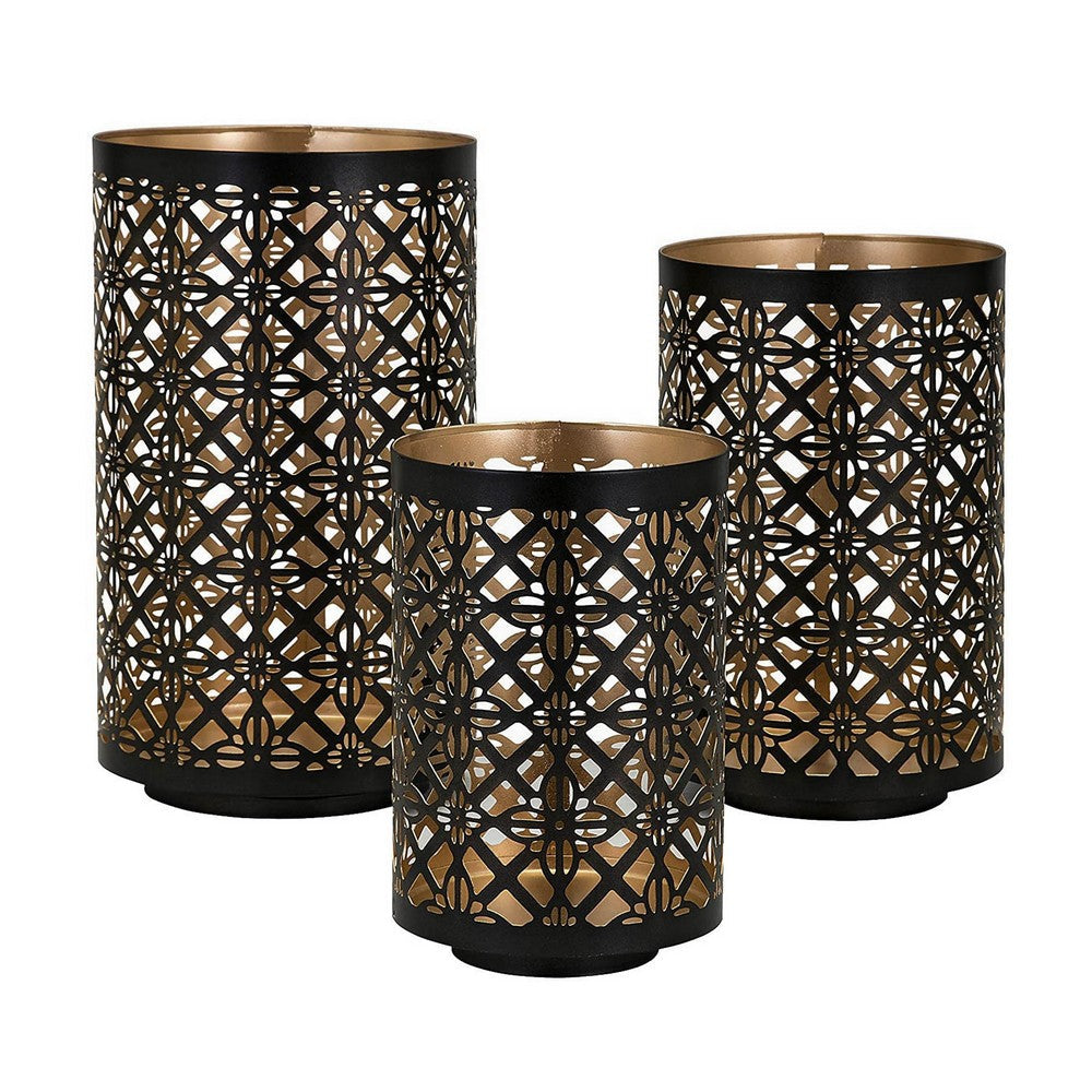 Set of 3 Lantern Candle Holders, Moroccan Lattice, Gold, Black Metal Frames - BM286153