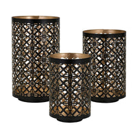 Set of 3 Lantern Candle Holders, Moroccan Lattice, Gold, Black Metal Frames - BM286153