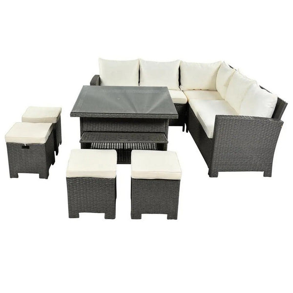 8 Piece Patio Sectional Sofa Set, Brown Rattan, Steel Frame, Beige Cushions - BM286169