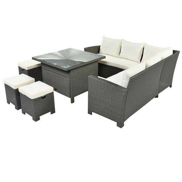 8 Piece Patio Sectional Sofa Set, Brown Rattan, Steel Frame, Beige Cushions - BM286169