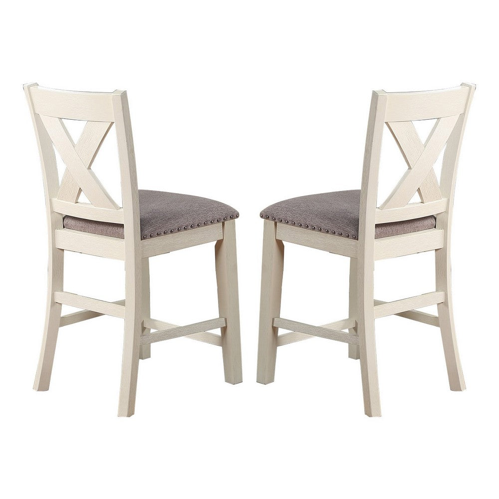 Joss 40 Inch Cottage Wood Counter Height Chair, Set of 2, Gray Seat, Cream - BM286287