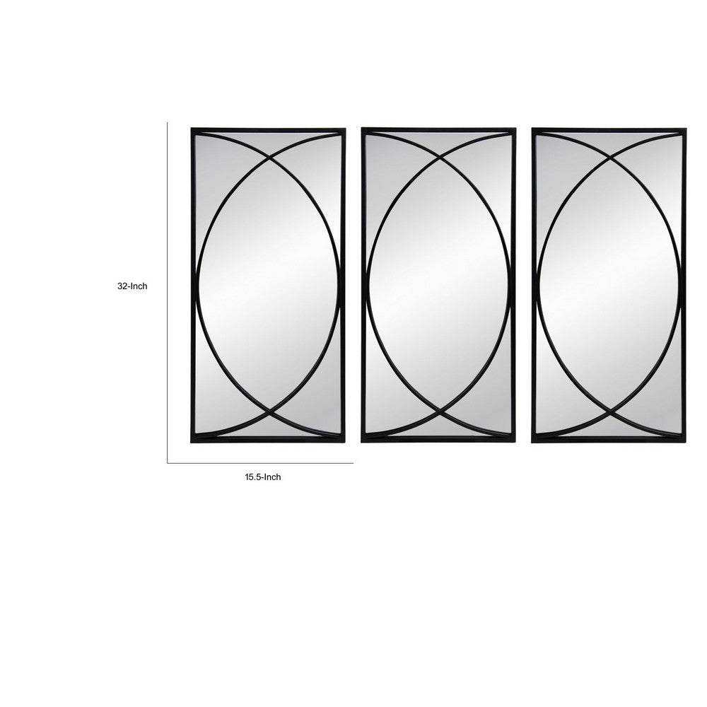 32 Inch 3 Piece Wall Mirror, Concentric Circles, Stylish Black Metal Frame - BM286307