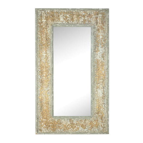57 Inch Accent Wall Mirror, Thick Fir Wood Frame, Gold Leaves and Flowers - BM286309