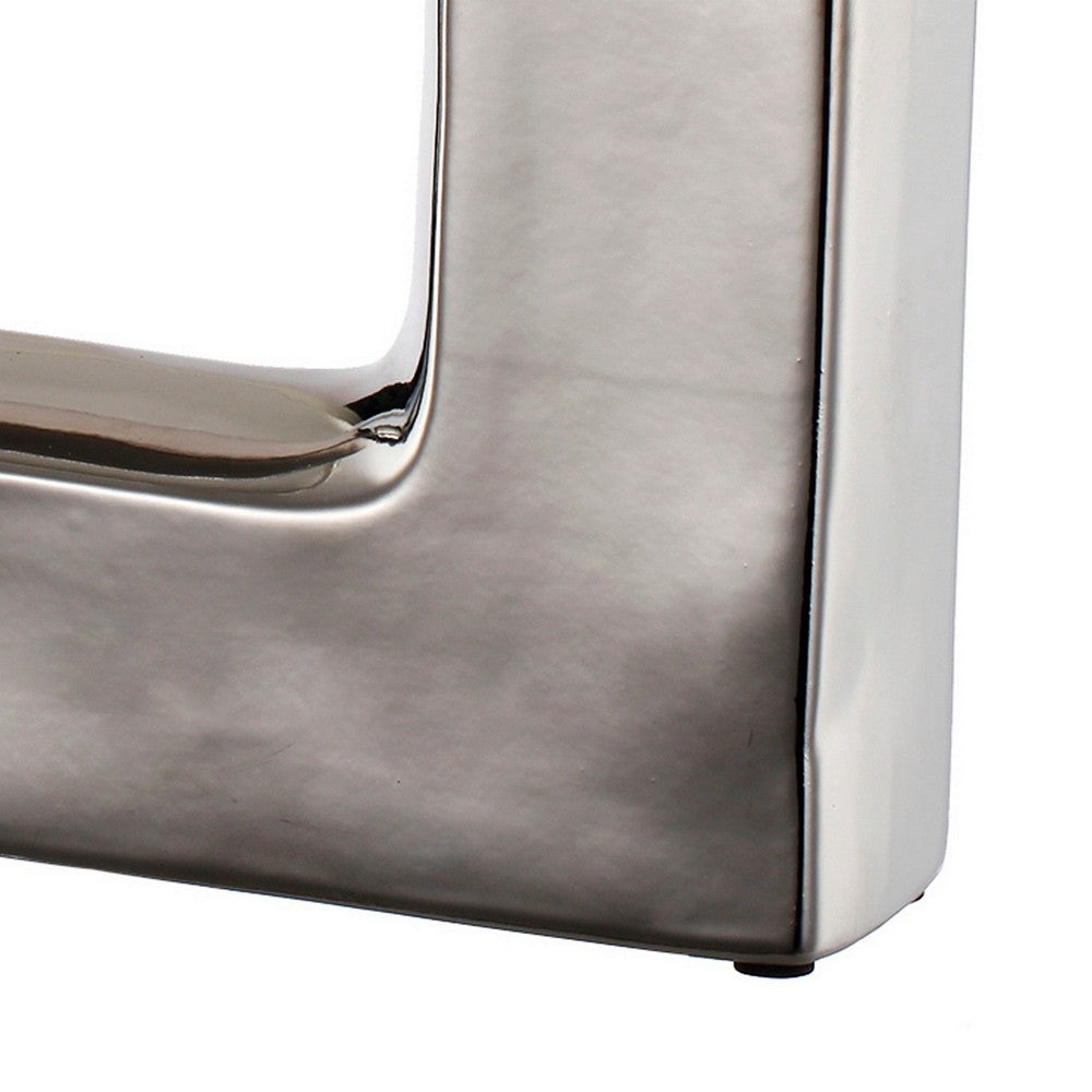 16 Inch Modern Vase, Artisanal Keyhole Design, Metallic Silver Stoneware - BM286370