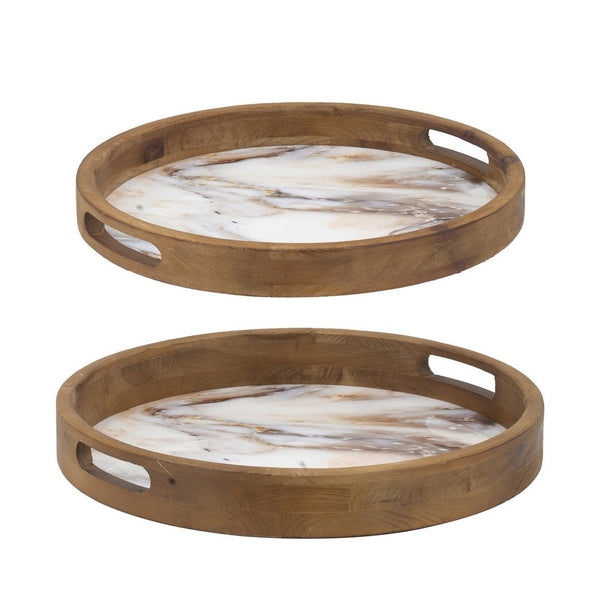 18, 15 Inch Round Decorative Tray, Marble Effect, Brown Fir Wood Frame - BM286373
