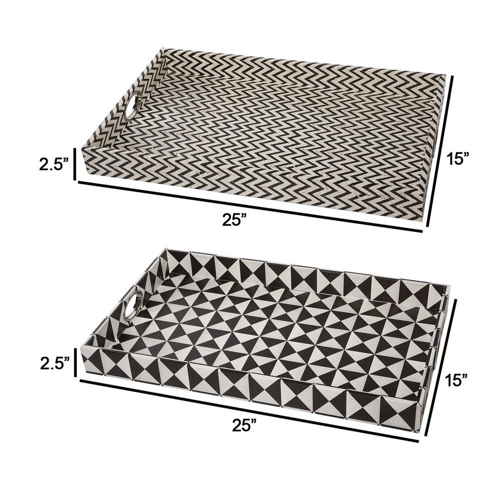 25 Inch Decorative, Black White Wood Trays, Art Deco Geometric, Set of 2 - BM286374