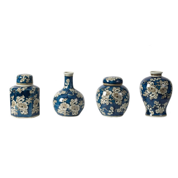 Set of 4 Lidded Jars and Vases, Classic Curved Round Blue and White Ceramic - BM286403