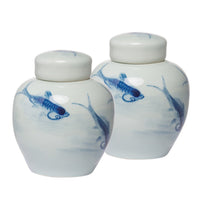 8 Inch Lidded Ginger Jar, Painted Koi Fish, White Blue Porcelain, Set of 2 - BM286405