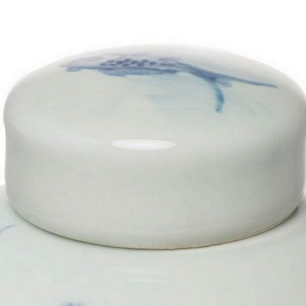 8 Inch Lidded Ginger Jar, Painted Koi Fish, White Blue Porcelain, Set of 2 - BM286405