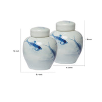 8 Inch Lidded Ginger Jar, Painted Koi Fish, White Blue Porcelain, Set of 2 - BM286405