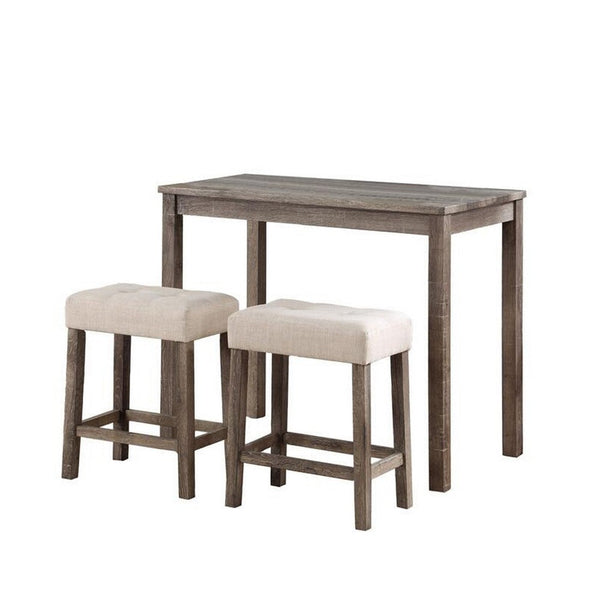 Cora 3 Piece Counter Height Table Set, Deep Tufted Stools, Brown, Beige - BM286621