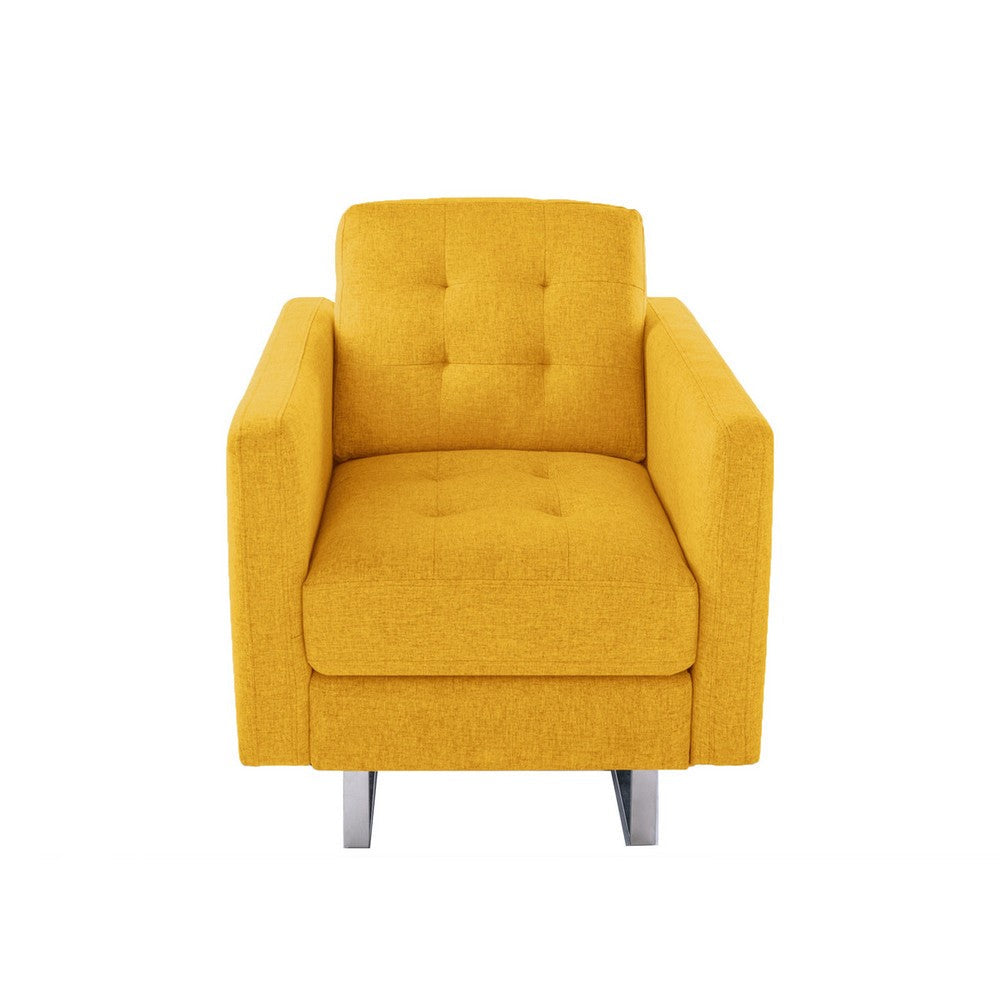 Lewa 34 inch Modern Accent Armchair, Silver Metal Legs, Tufted Seat, Yellow - BM287619