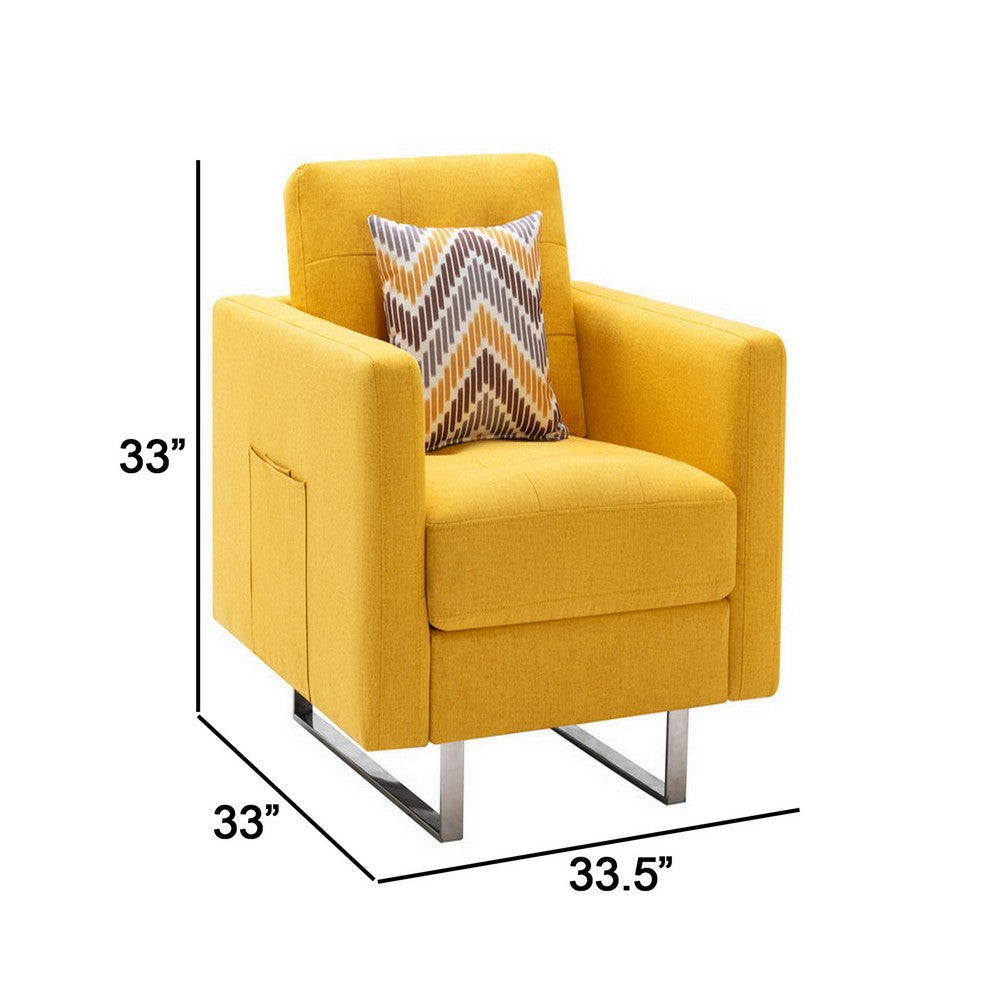 Lewa 34 inch Modern Accent Armchair, Silver Metal Legs, Tufted Seat, Yellow - BM287619