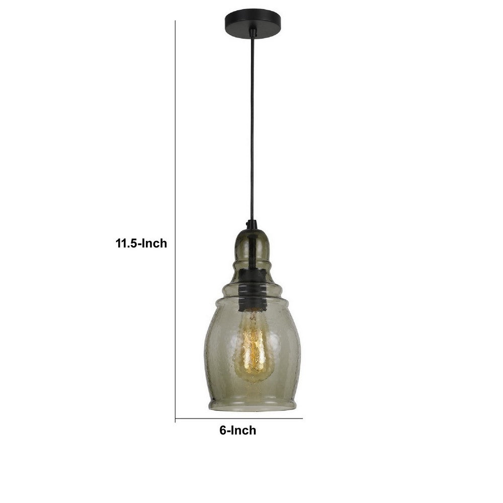 6 Inch Modern LED Pendent Light, Rippled Glass Shade, Smoky Finish, Black - BM287707