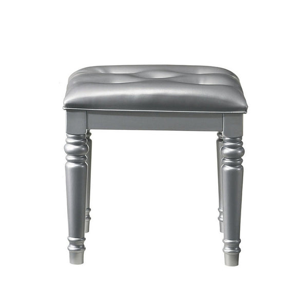 Kya 20 Inch Vanity Stool with Tufted Vegan Faux Leather Seat, Glam Silver - BM287974