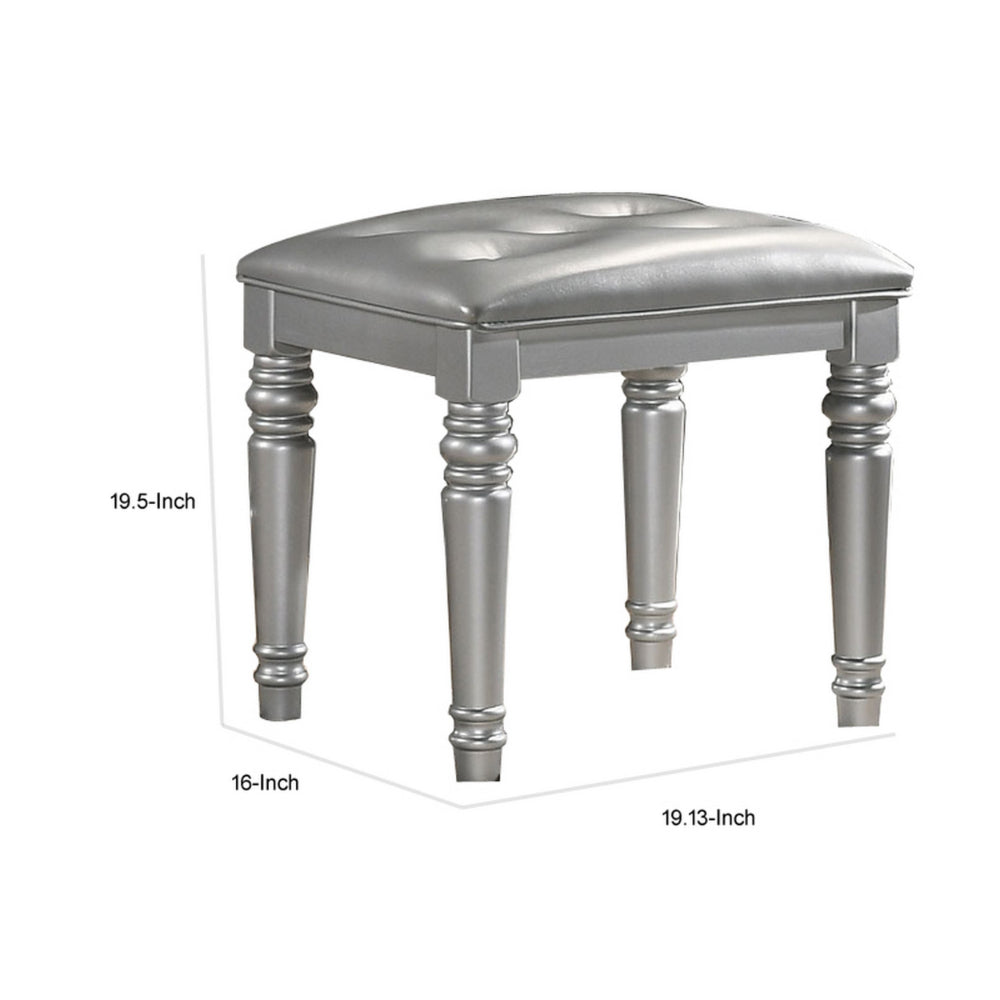 Kya 20 Inch Vanity Stool with Tufted Vegan Faux Leather Seat, Glam Silver - BM287974