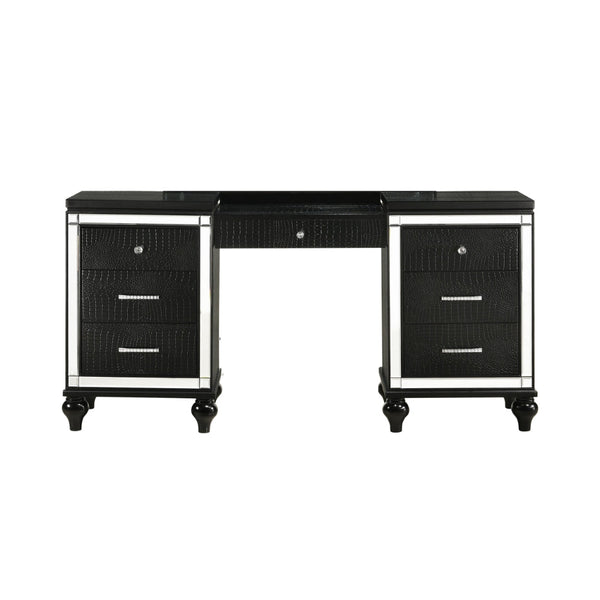 Kya 64 Inch Vanity Dresser Table with 7 Drawers, Mirrored Trim, Glam Black - BM287976