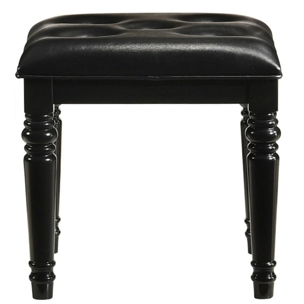 Kya 20 Inch Vanity Stool, Black Tufted Vegan Faux Leather Seat, Turned Legs - BM287977