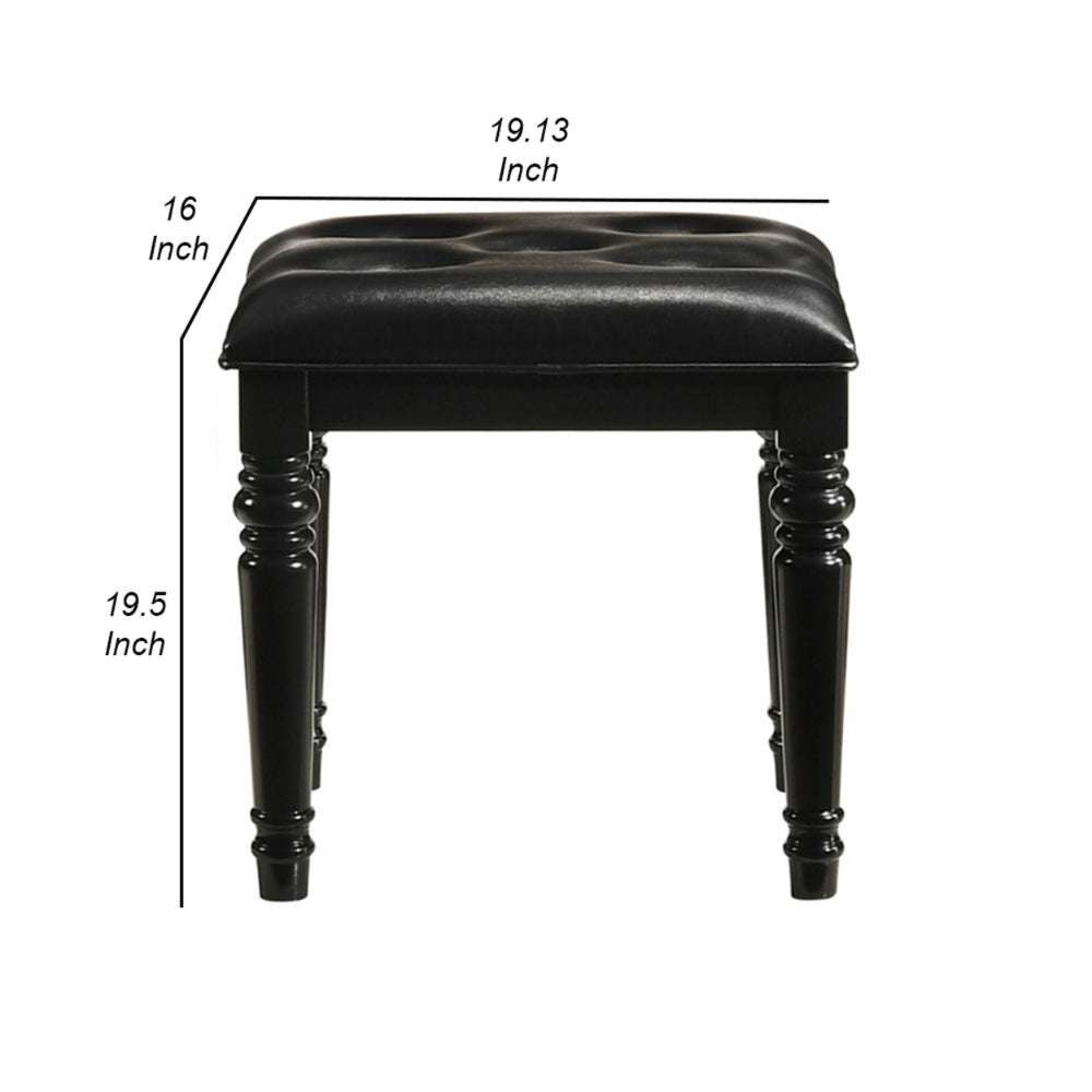 Kya 20 Inch Vanity Stool, Black Tufted Vegan Faux Leather Seat, Turned Legs - BM287977