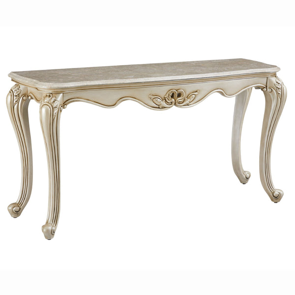 Joss 58 Inch Console Table, Genuine Marble Top, Antique White, Champagne - BM288001