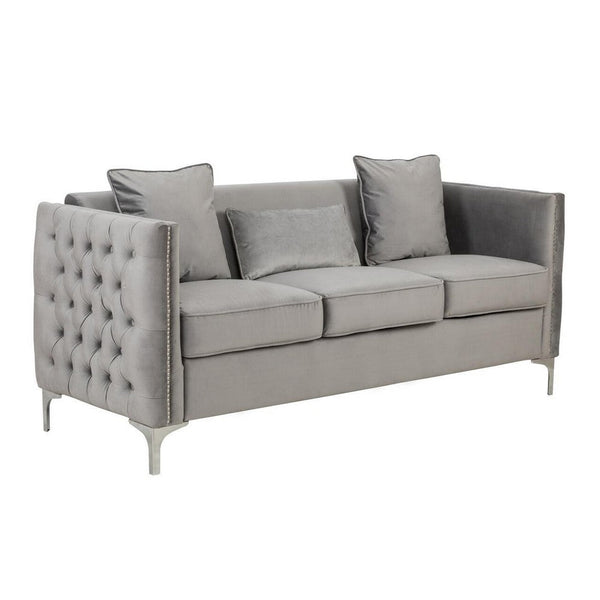 Joel 73 Inch Modern Sofa with 3 Pillows, Tufted Gray Velvet, Silver Legs - BM293150