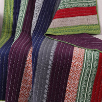60 Inch Cotton Throw Blanket, Multi Color Stripes, Kantha Hand Quilting - BM293479