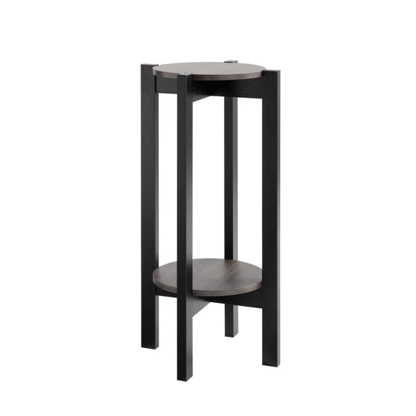 32 Inch Modern Plant Stand with Two Round Shelves, Distressed Gray, Black - BM293557