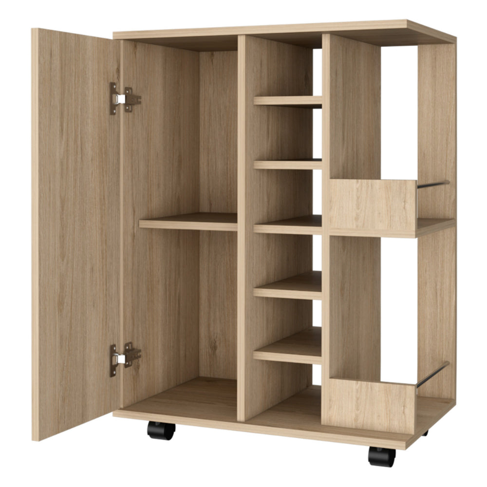 28 Inch Modern Bar Cabinet, 6 Compartments, Laminate Finish, Oak Brown - BM293727