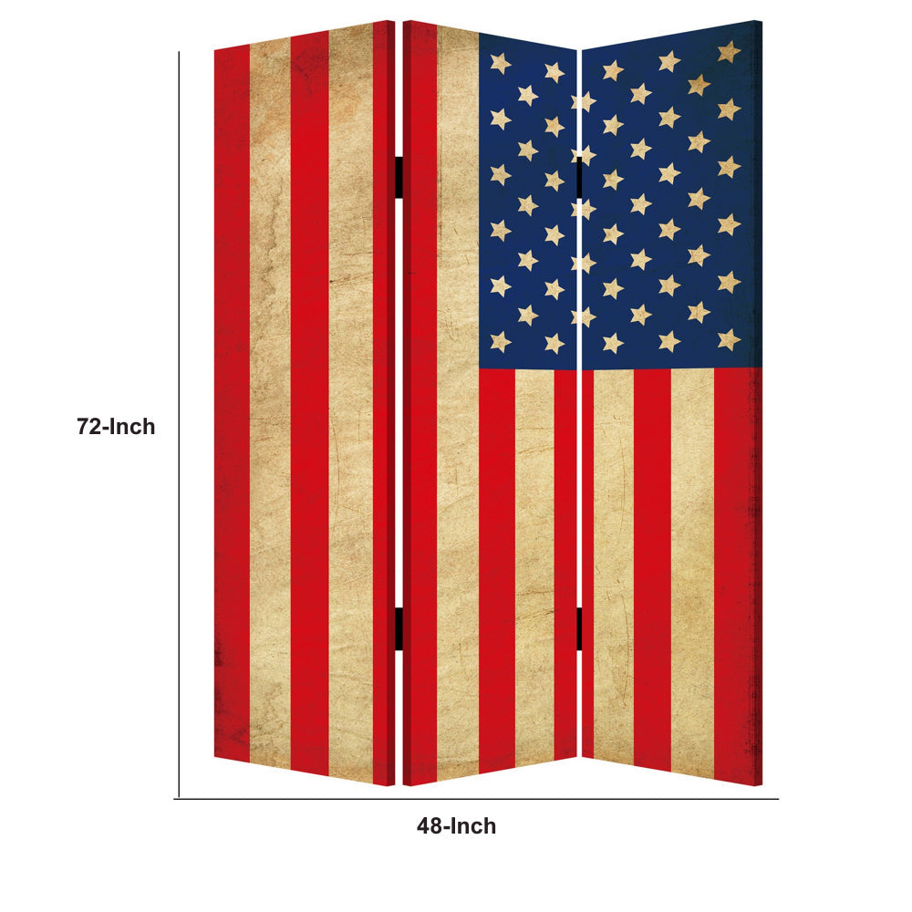 Alfie 71 Inch Folding Screen Room Divider, USA Stars and Stripes Design - BM294236