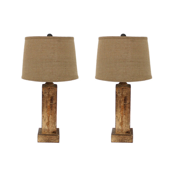 27 Inch Rustic Table Lamp, Round Linen Shade, Distressed Wood Base, Khaki - BM294239