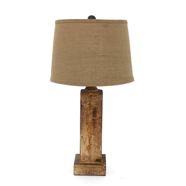 27 Inch Rustic Table Lamp, Round Linen Shade, Distressed Wood Base, Khaki - BM294239