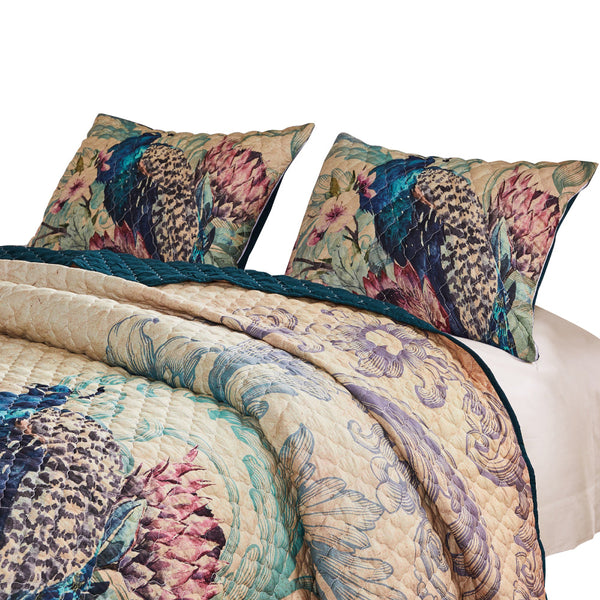 Ufa 36 Inch Quilted King Pillow Sham, Peacock Print, Vermicelli Stitching - BM294299