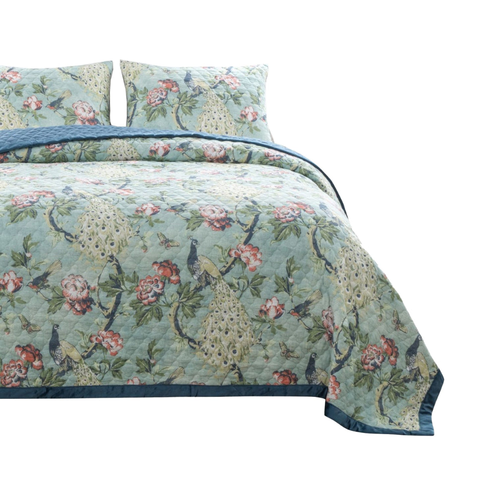 Eden 2 Piece Twin XL Quilt Set, Peacock and Songbirds, Green Microfiber - BM294313