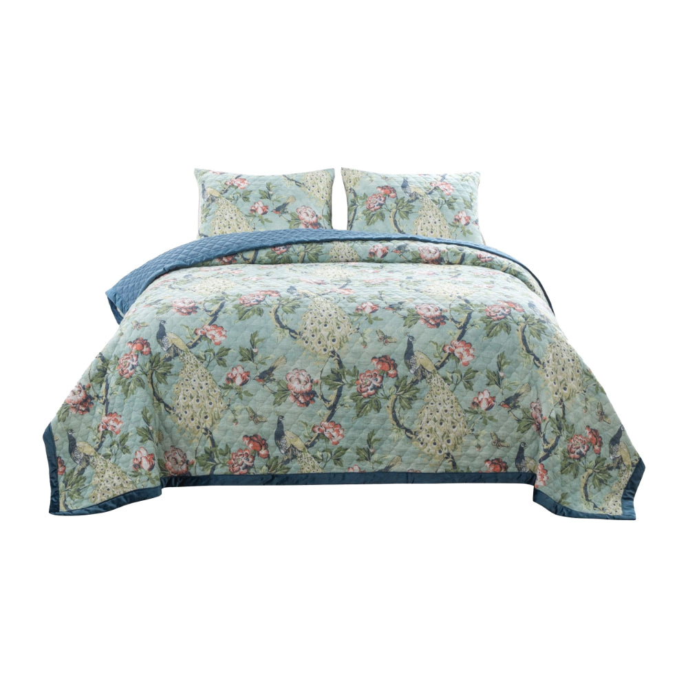 Eden 3 Piece Queen Quilt Set, Peacock and Songbirds, Light Green Microfiber - BM294314
