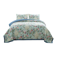 Eden 3 Piece Queen Quilt Set, Peacock and Songbirds, Light Green Microfiber - BM294314