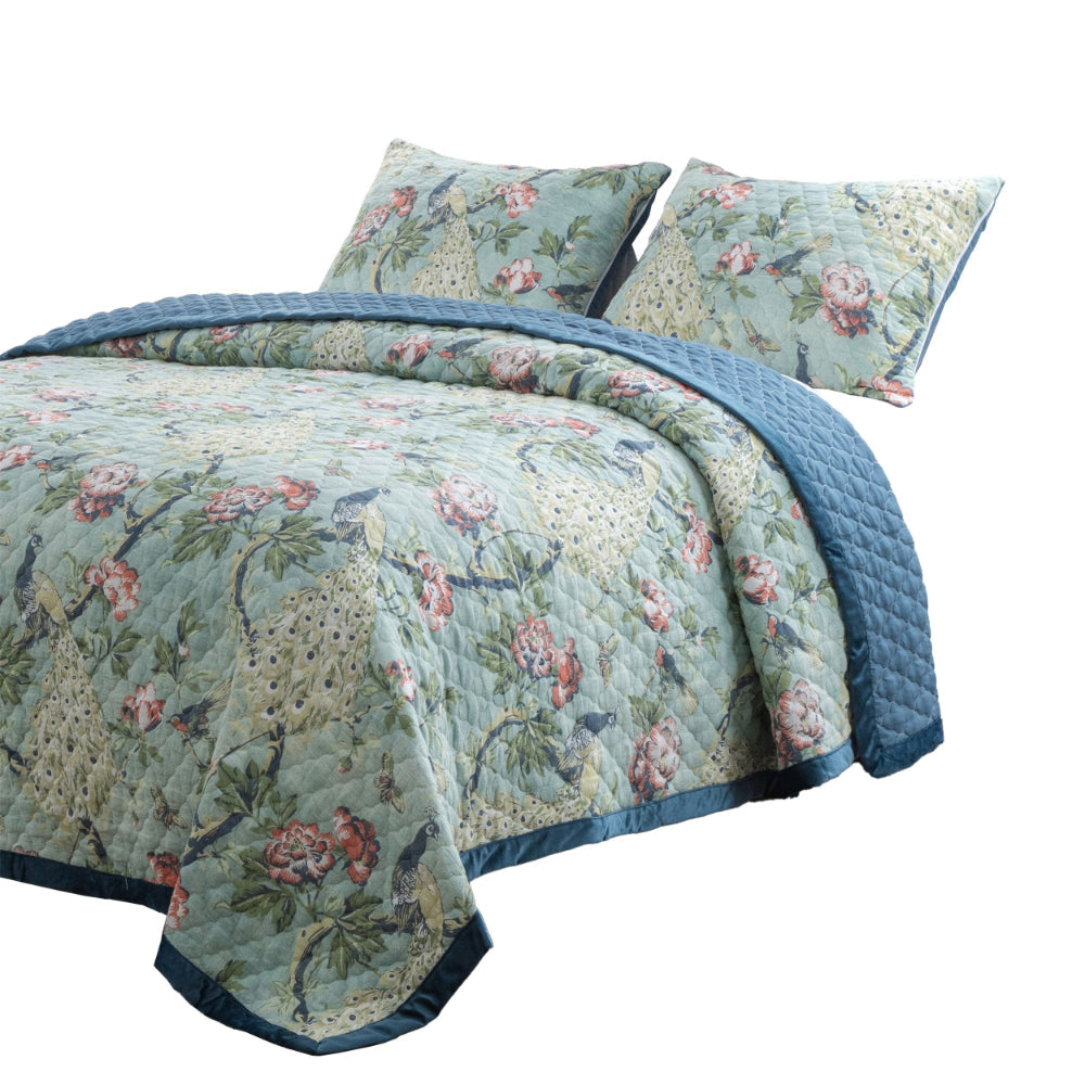 Eden 3 Piece Queen Quilt Set, Peacock and Songbirds, Light Green Microfiber - BM294314